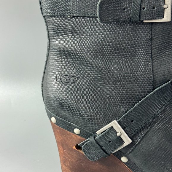 UGG Black Leather "Taryn" Wooden Wedge Mid Calf Boots, Size 7 - Picture 3 of 13